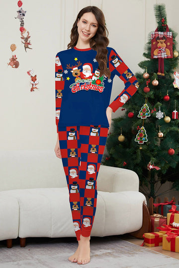 Dark Blue Plaid Pants Printed Long Sleeves Christmas Family Matching Pajamas
